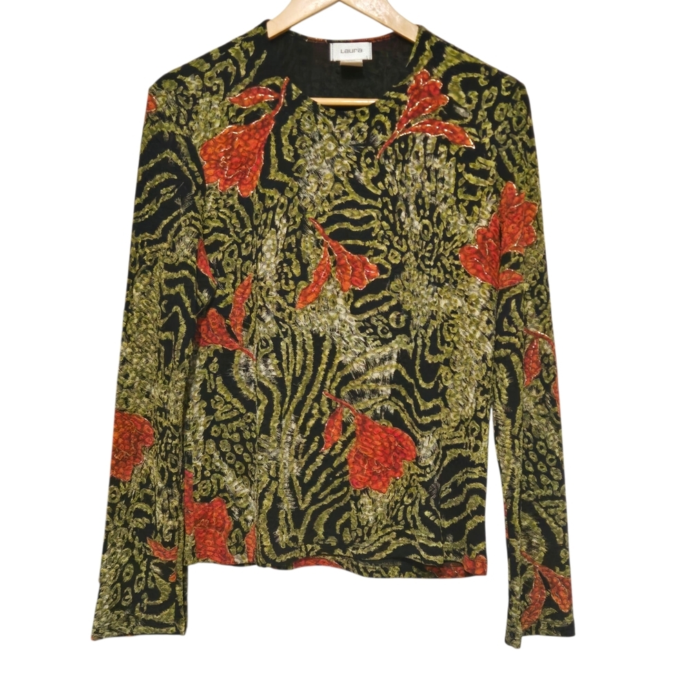 Vintage Laura Textured Stetchy Green and Red Patterned Women's Top XL